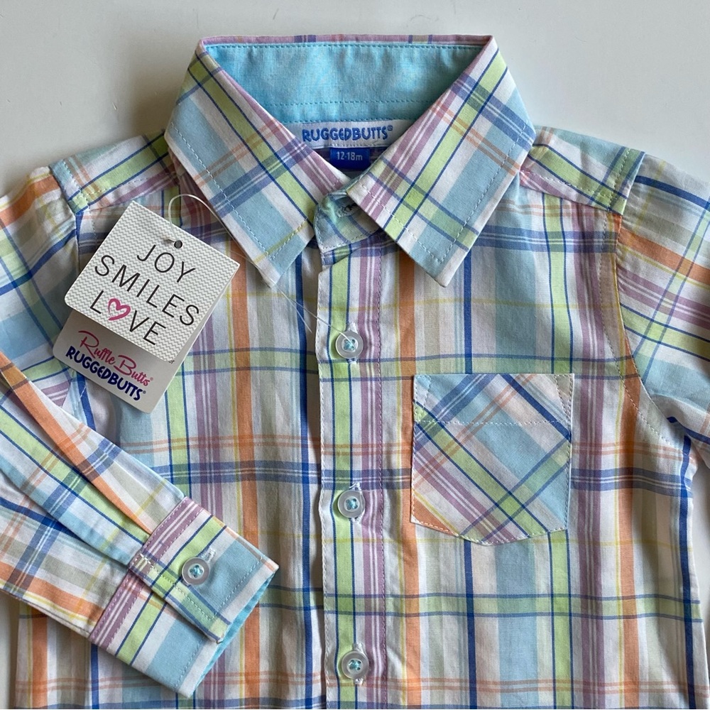 Ruggedbutts Shirt Size 12 18 Months NWT New Plaid Long Sleeve Boys Button Down